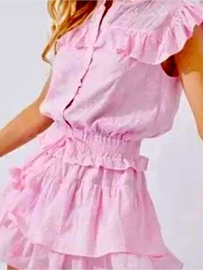 Day + Moon Pink Embroidered Ruffle Romper Dress Large